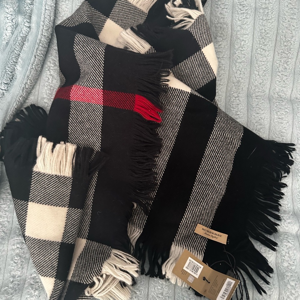 Burberry Plaid Fringe Scarf in Black and Red * tags and bag original- never used